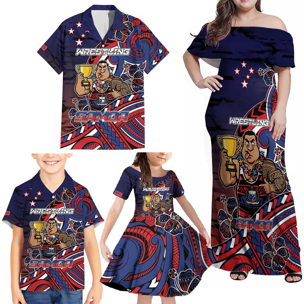 Personalised Samoa Wrestling Family Matching Off Shoulder Maxi Dress and Hawaiian Shirt Polynesian Warrior Funny Style DT05 - Polynesian Pride
