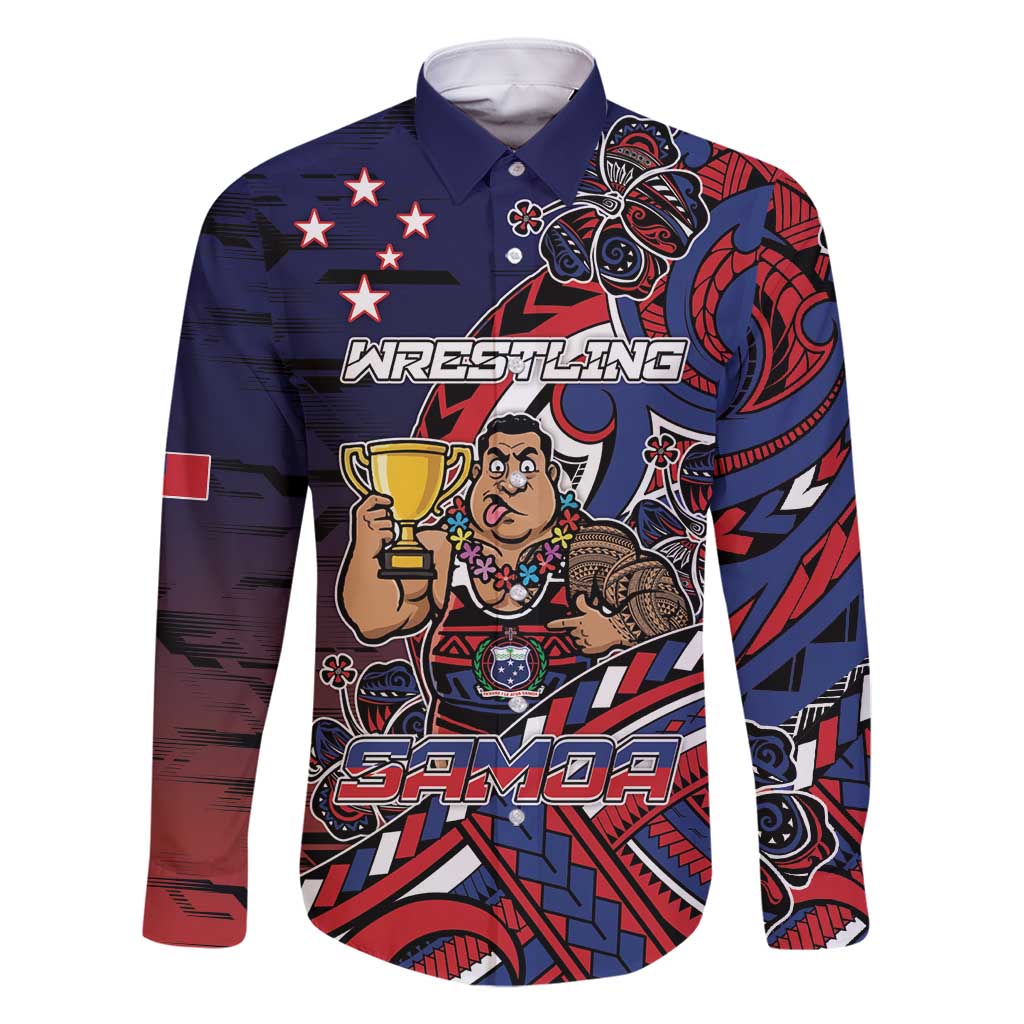 Personalised Samoa Wrestling Family Matching Off Shoulder Maxi Dress and Hawaiian Shirt Polynesian Warrior Funny Style DT05 Dad's Shirt - Long Sleeve Navy - Polynesian Pride