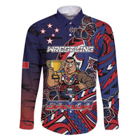 Personalised Samoa Wrestling Family Matching Off Shoulder Maxi Dress and Hawaiian Shirt Polynesian Warrior Funny Style DT05 Dad's Shirt - Long Sleeve Navy - Polynesian Pride
