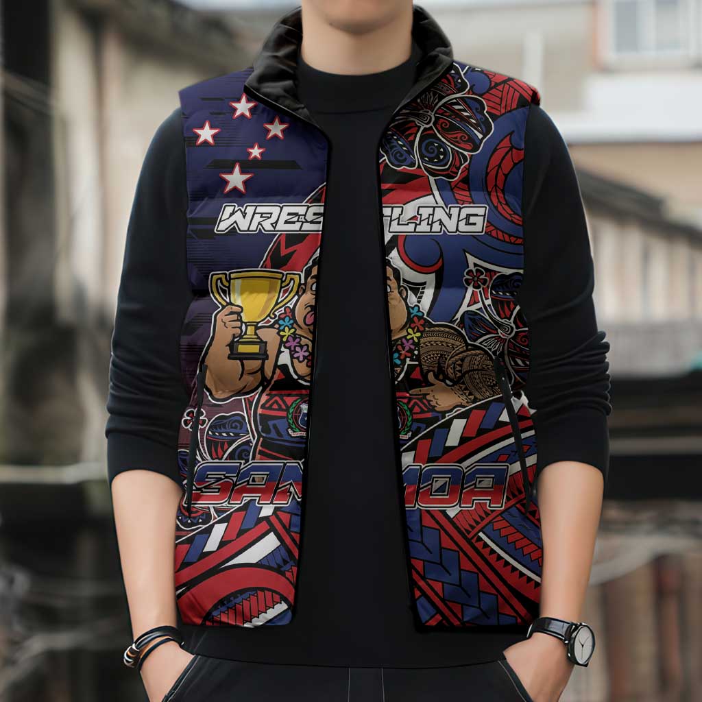 Personalised Samoa Wrestling Sleeveless Puffer Jacket Polynesian Warrior Funny Style - Polynesian Pride