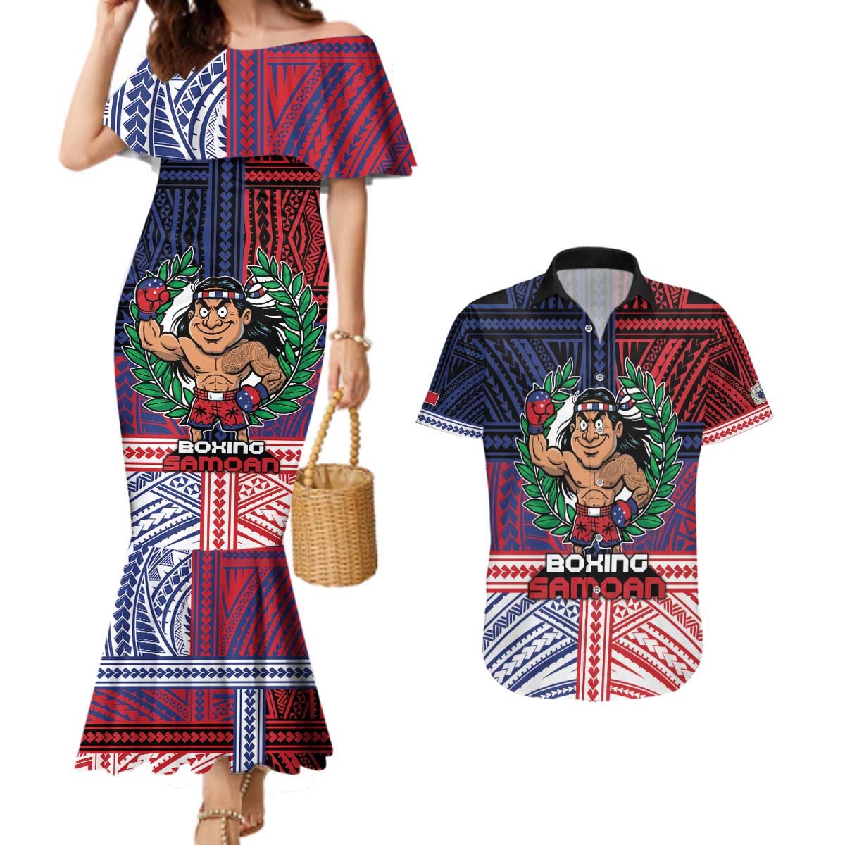 Personalised Samoa Boxing Couples Matching Mermaid Dress and Hawaiian Shirt Samoan Boxer Funny Style - Polynesian Pride
