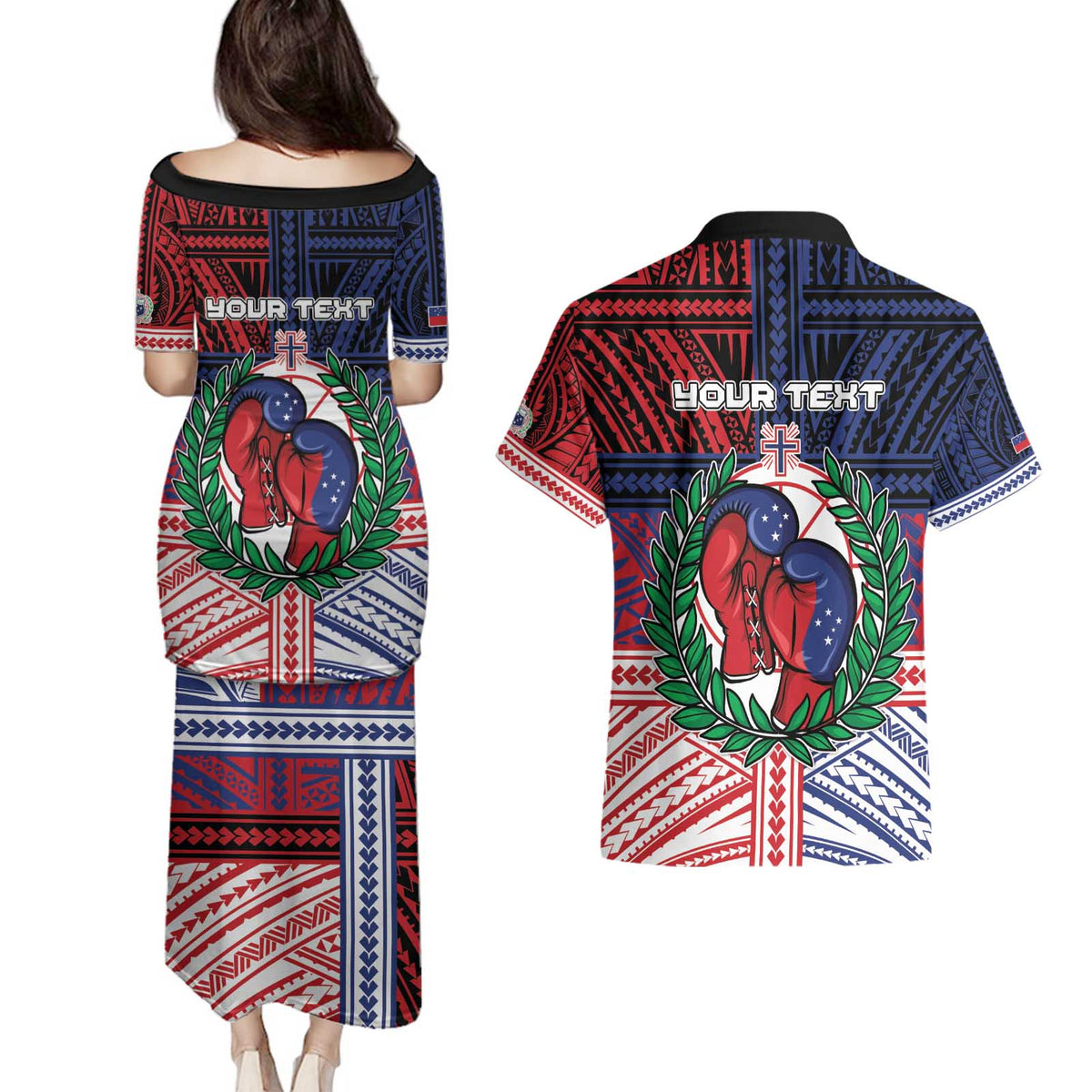 Personalised Samoa Boxing Couples Matching Puletasi and Hawaiian Shirt Samoan Boxer Funny Style - Polynesian Pride