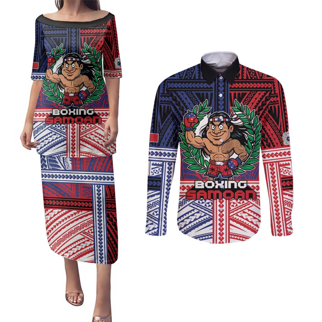 Personalised Samoa Boxing Couples Matching Puletasi and Long Sleeve Button Shirt Samoan Boxer Funny Style - Polynesian Pride