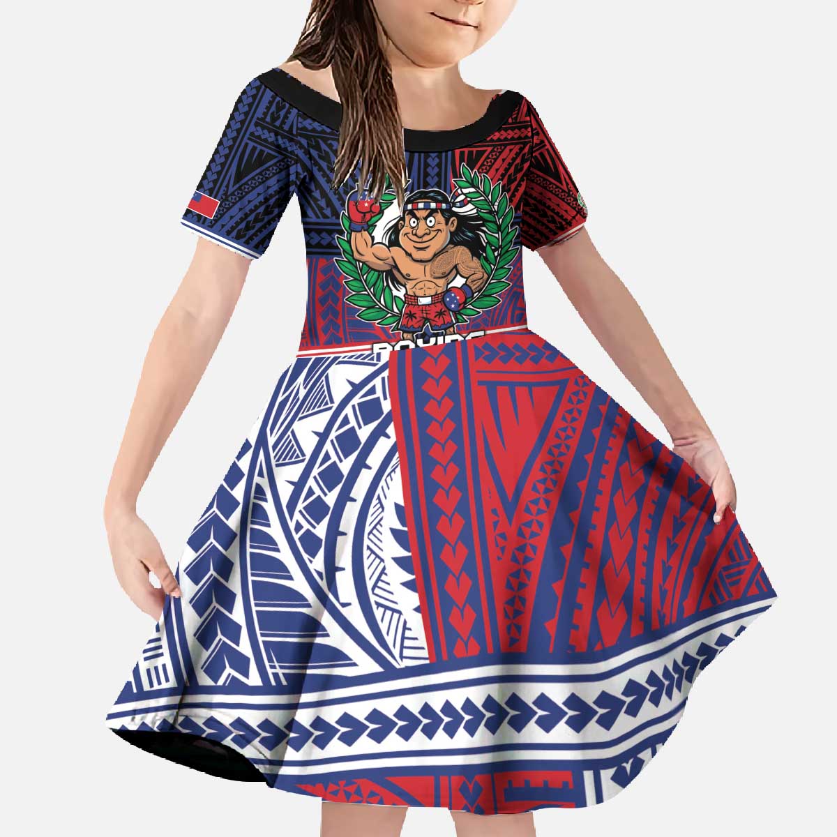 Personalised Samoa Boxing Family Matching Off The Shoulder Long Sleeve Dress and Hawaiian Shirt Samoan Boxer Funny Style DT05 Daughter's Dress Red - Polynesian Pride