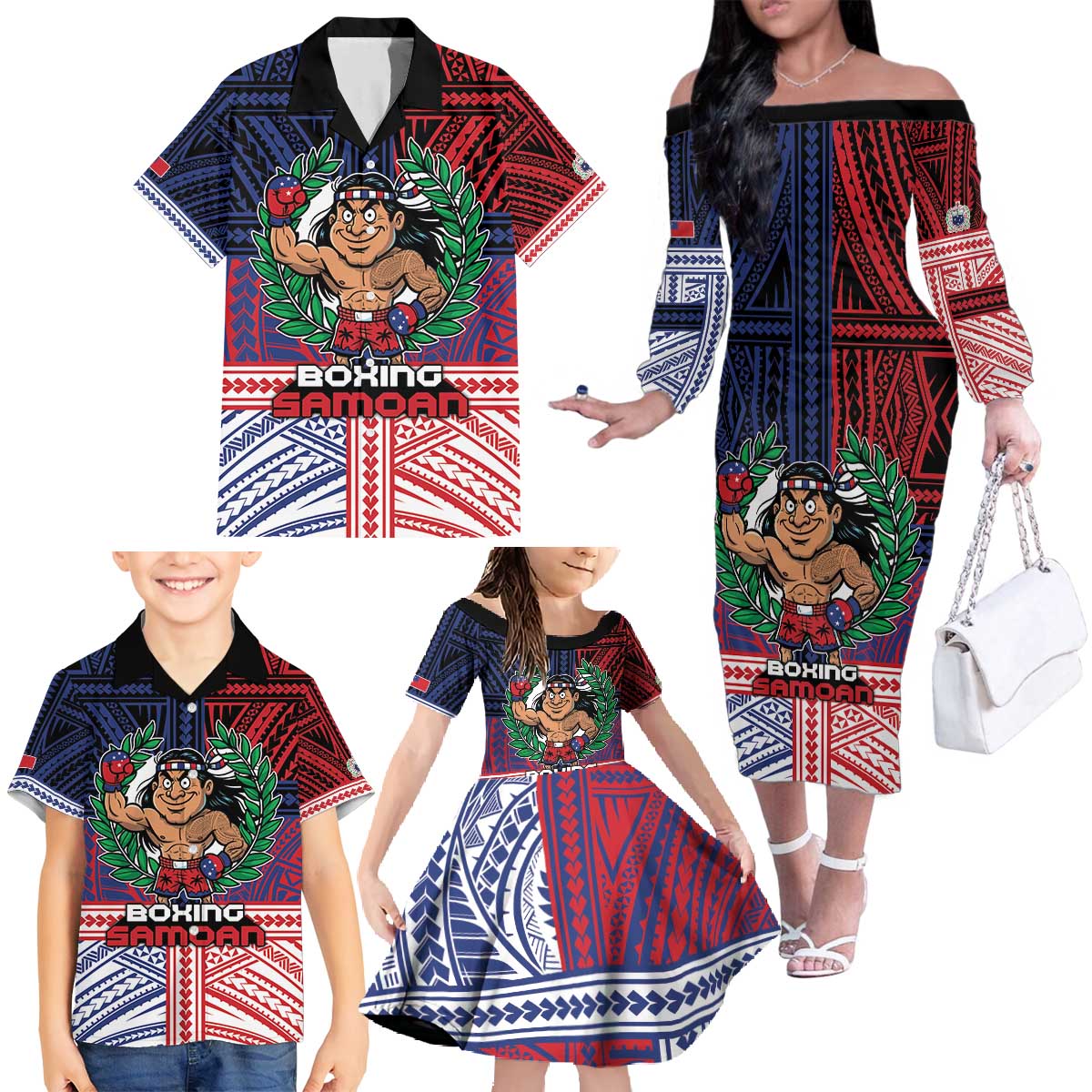 Personalised Samoa Boxing Family Matching Off The Shoulder Long Sleeve Dress and Hawaiian Shirt Samoan Boxer Funny Style DT05 - Polynesian Pride