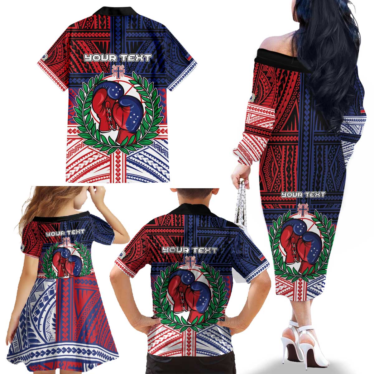 Personalised Samoa Boxing Family Matching Off The Shoulder Long Sleeve Dress and Hawaiian Shirt Samoan Boxer Funny Style DT05 - Polynesian Pride