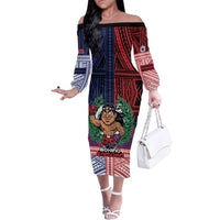 Personalised Samoa Boxing Family Matching Off The Shoulder Long Sleeve Dress and Hawaiian Shirt Samoan Boxer Funny Style DT05 Mom's Dress Red - Polynesian Pride