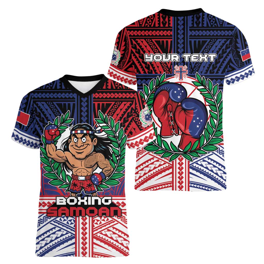 Personalised Samoa Boxing Women V-Neck T-Shirt Samoan Boxer Funny Style - Polynesian Pride