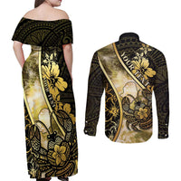 Personalised Niue Couples Matching Off Shoulder Maxi Dress and Long Sleeve Button Shirt Niuean Crab Waves Style