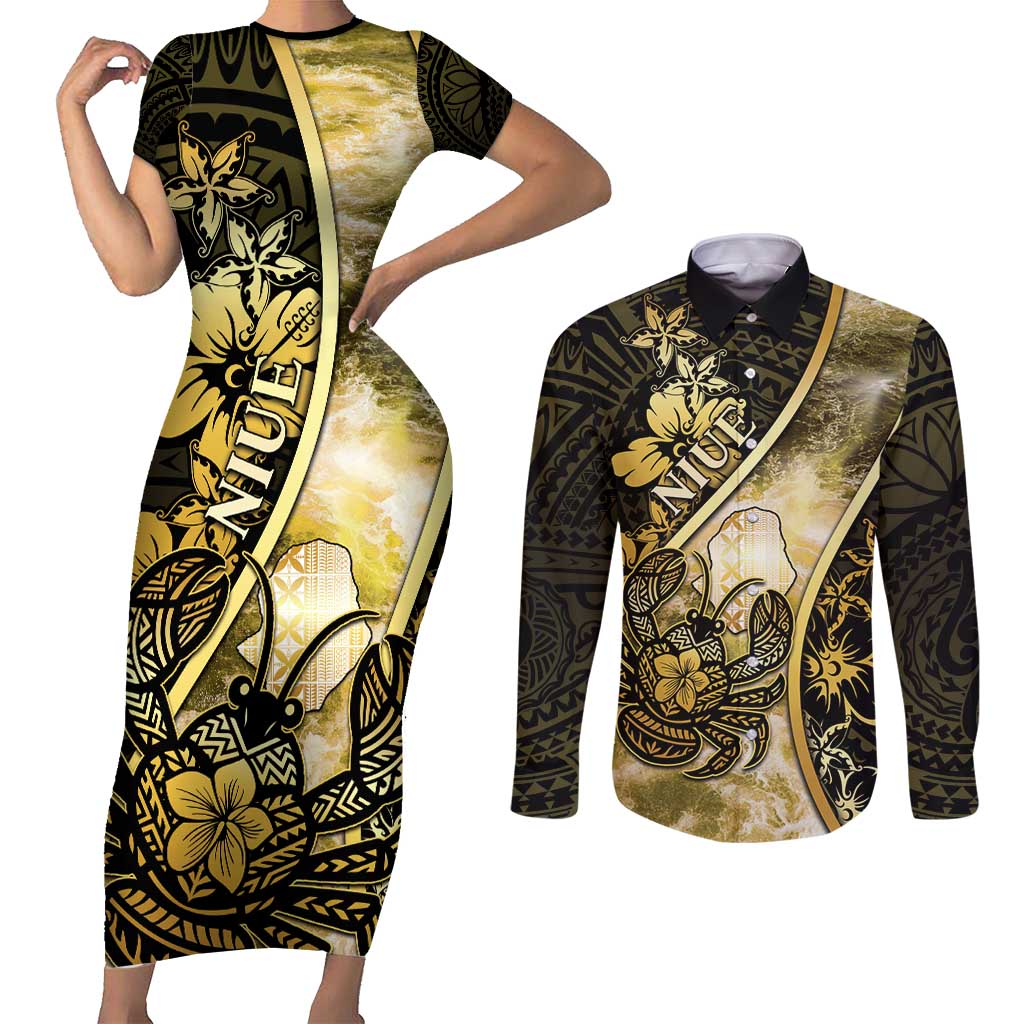 Personalised Niue Couples Matching Short Sleeve Bodycon Dress and Long Sleeve Button Shirt Niuean Crab Waves Style