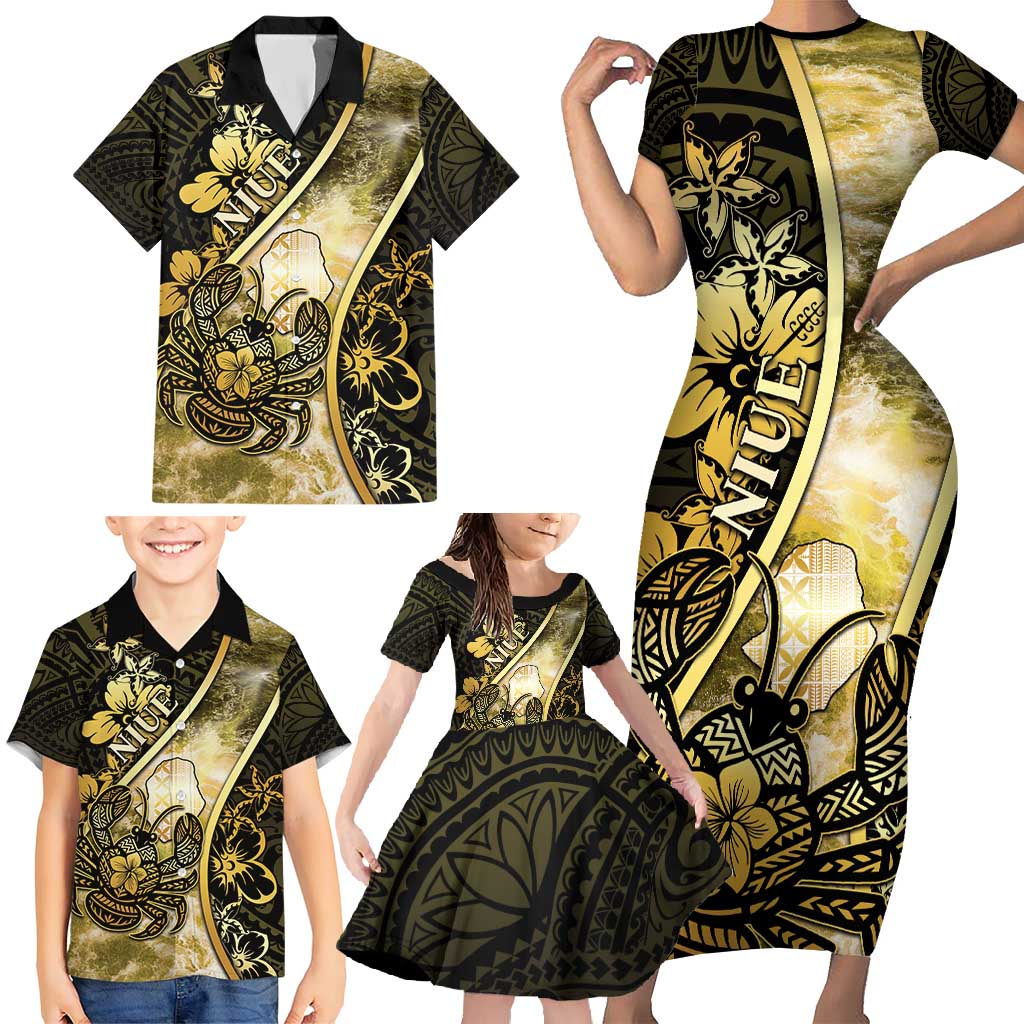 Personalised Niue Family Matching Short Sleeve Bodycon Dress and Hawaiian Shirt Niuean Crab Waves Style