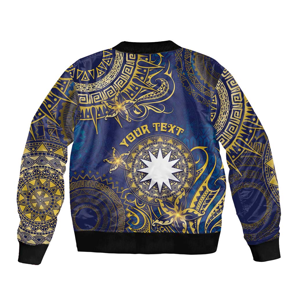Personalised Nauru Bomber Jacket Hibiscus Polynesian Tribal Pattern