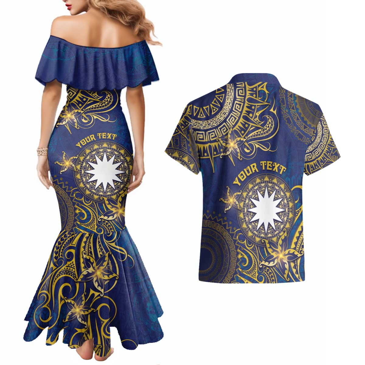 Personalised Nauru Couples Matching Mermaid Dress and Hawaiian Shirt Hibiscus Polynesian Tribal Pattern