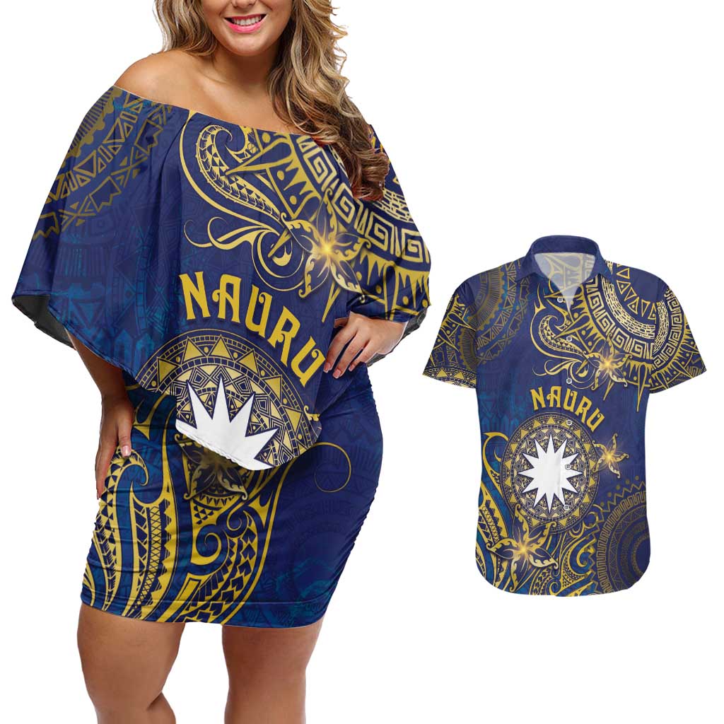 Personalised Nauru Couples Matching Off Shoulder Short Dress and Hawaiian Shirt Hibiscus Polynesian Tribal Pattern