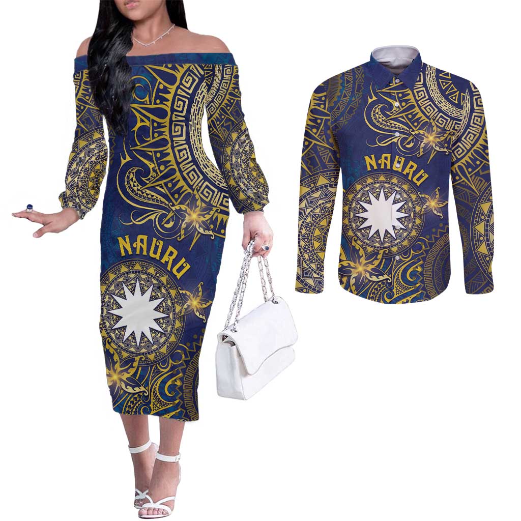 Personalised Nauru Couples Matching Off The Shoulder Long Sleeve Dress and Long Sleeve Button Shirt Hibiscus Polynesian Tribal Pattern