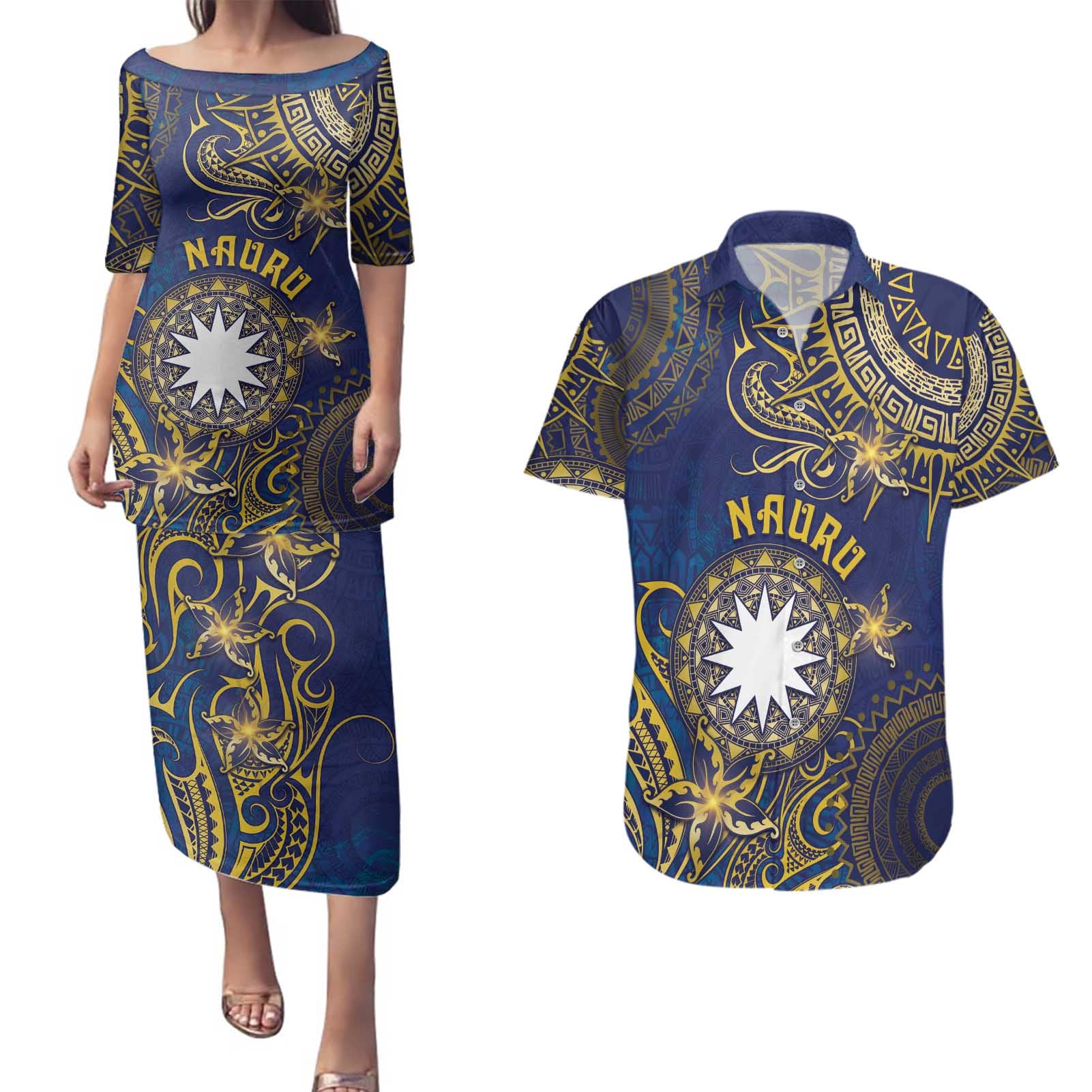 Personalised Nauru Couples Matching Puletasi and Hawaiian Shirt Hibiscus Polynesian Tribal Pattern