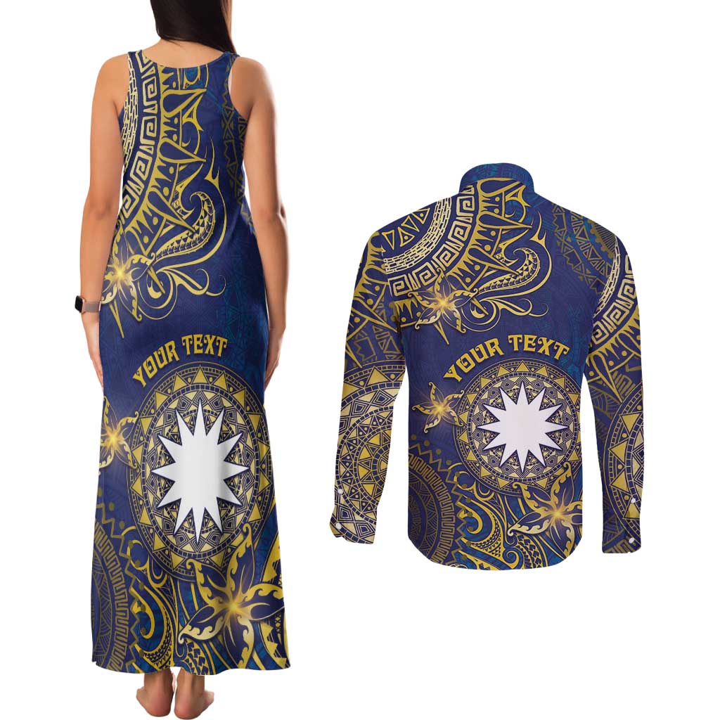 Personalised Nauru Couples Matching Tank Maxi Dress and Long Sleeve Button Shirt Hibiscus Polynesian Tribal Pattern