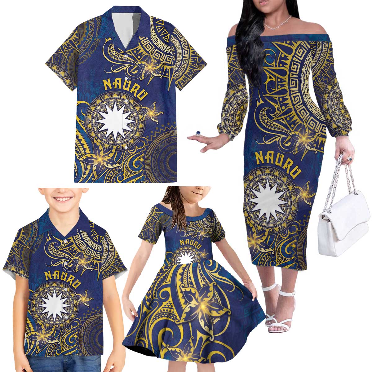 Personalised Nauru Family Matching Off The Shoulder Long Sleeve Dress and Hawaiian Shirt Hibiscus Polynesian Tribal Pattern