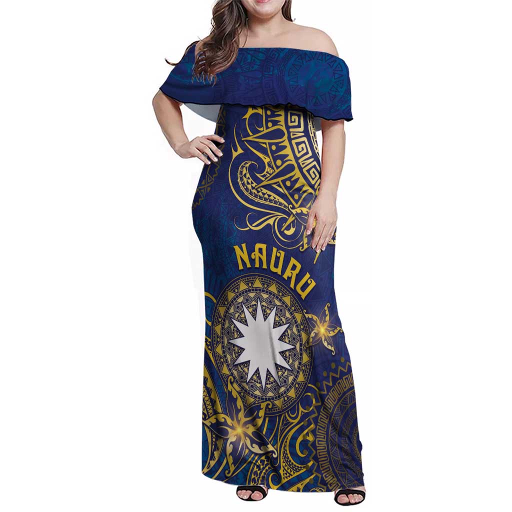 Personalised Nauru Family Matching Off Shoulder Maxi Dress and Hawaiian Shirt Hibiscus Polynesian Tribal Pattern