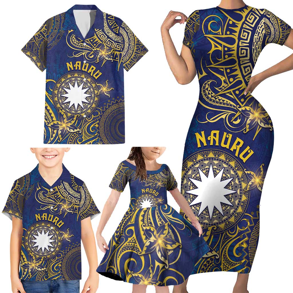 Personalised Nauru Family Matching Short Sleeve Bodycon Dress and Hawaiian Shirt Hibiscus Polynesian Tribal Pattern