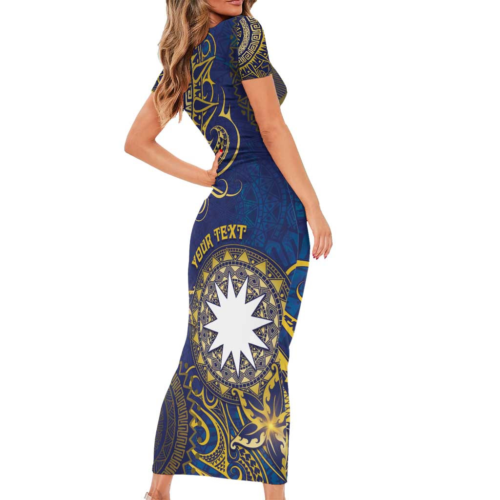 Personalised Nauru Family Matching Short Sleeve Bodycon Dress and Hawaiian Shirt Hibiscus Polynesian Tribal Pattern