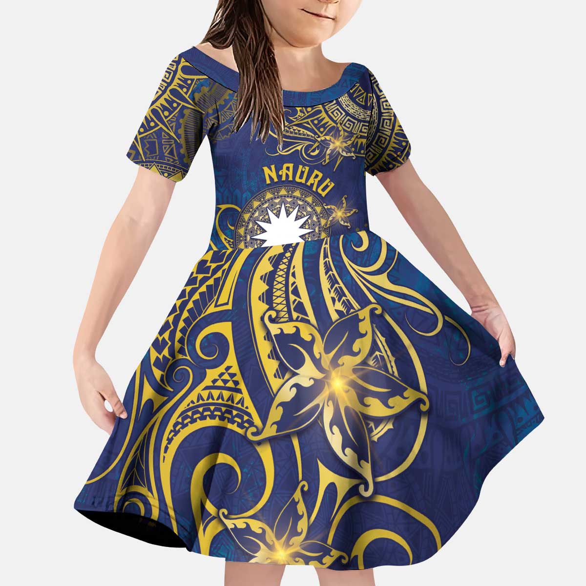 Personalised Nauru Kid Short Sleeve Dress Hibiscus Polynesian Tribal Pattern