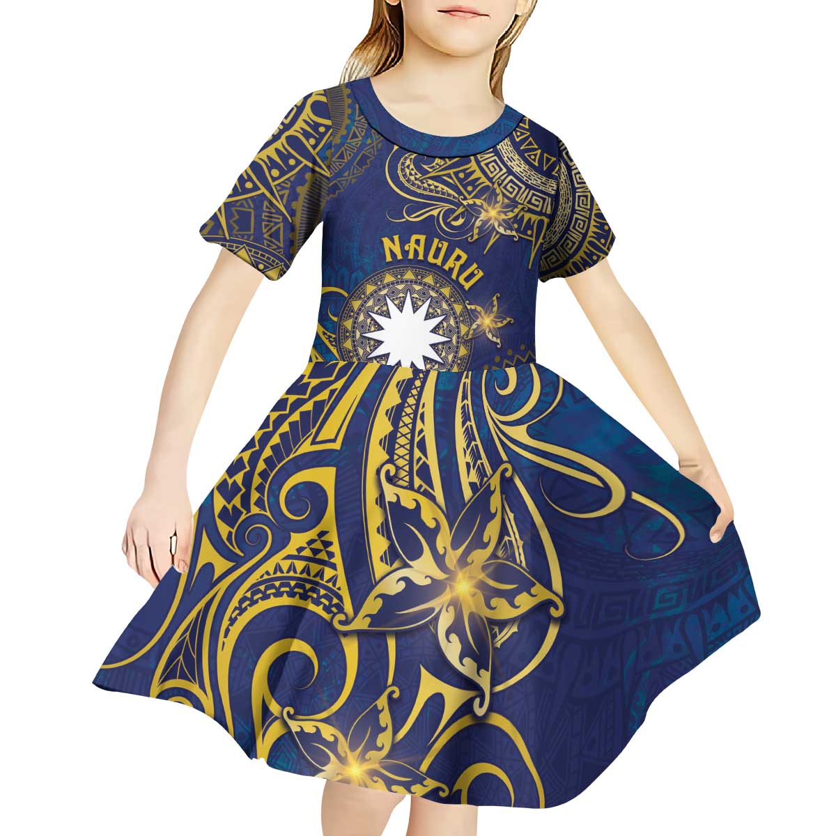 Personalised Nauru Kid Short Sleeve Dress Hibiscus Polynesian Tribal Pattern