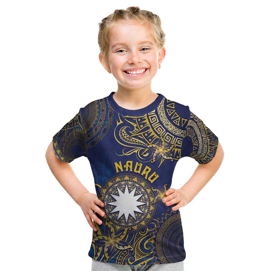 Personalised Nauru Kid T Shirt Hibiscus Polynesian Tribal Pattern