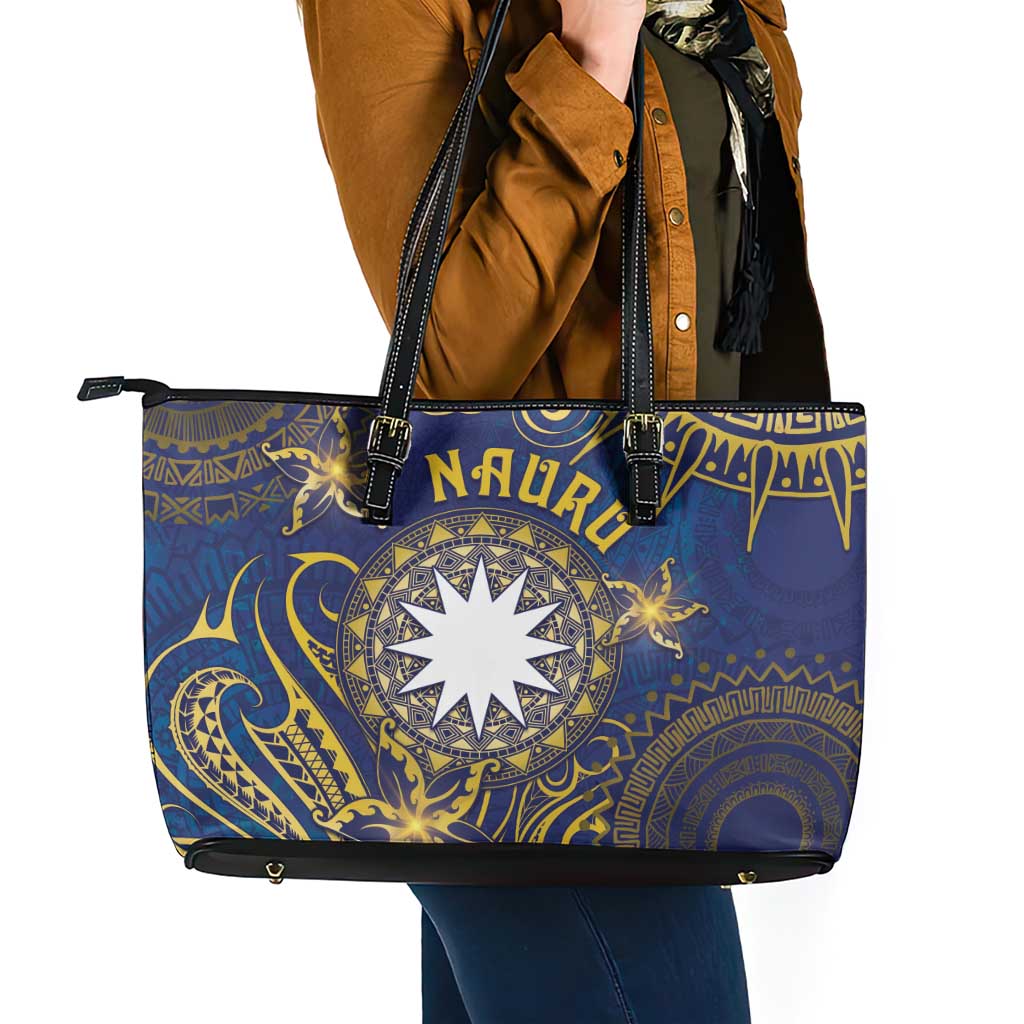 Nauru Leather Tote Bag Hibiscus Polynesian Tribal Pattern