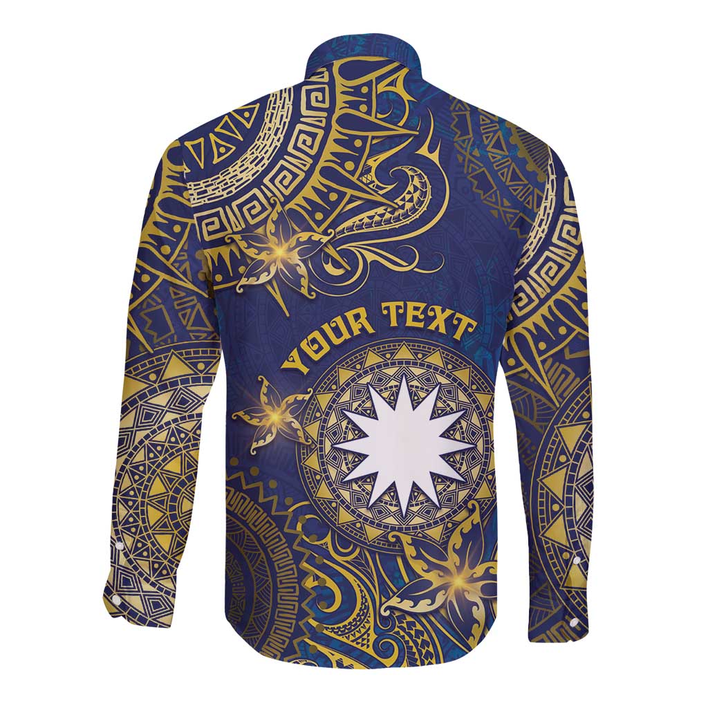 Personalised Nauru Long Sleeve Button Shirt Hibiscus Polynesian Tribal Pattern