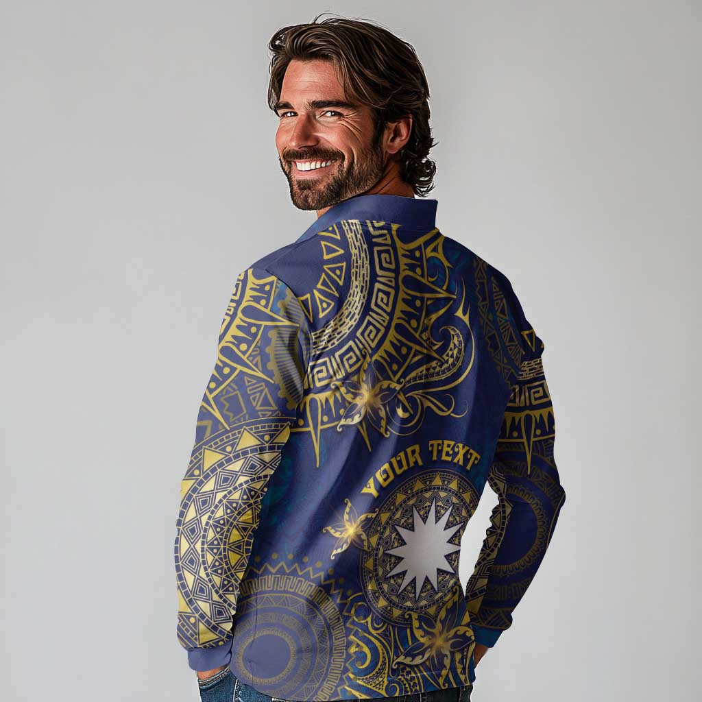 Personalised Nauru Long Sleeve Polo Shirt Hibiscus Polynesian Tribal Pattern