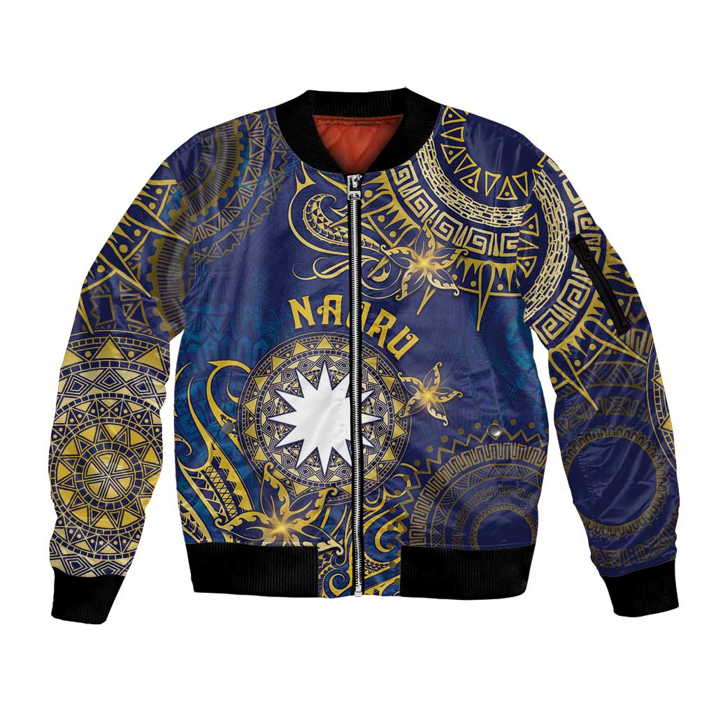 Personalised Nauru Sleeve Zip Bomber Jacket Hibiscus Polynesian Tribal Pattern