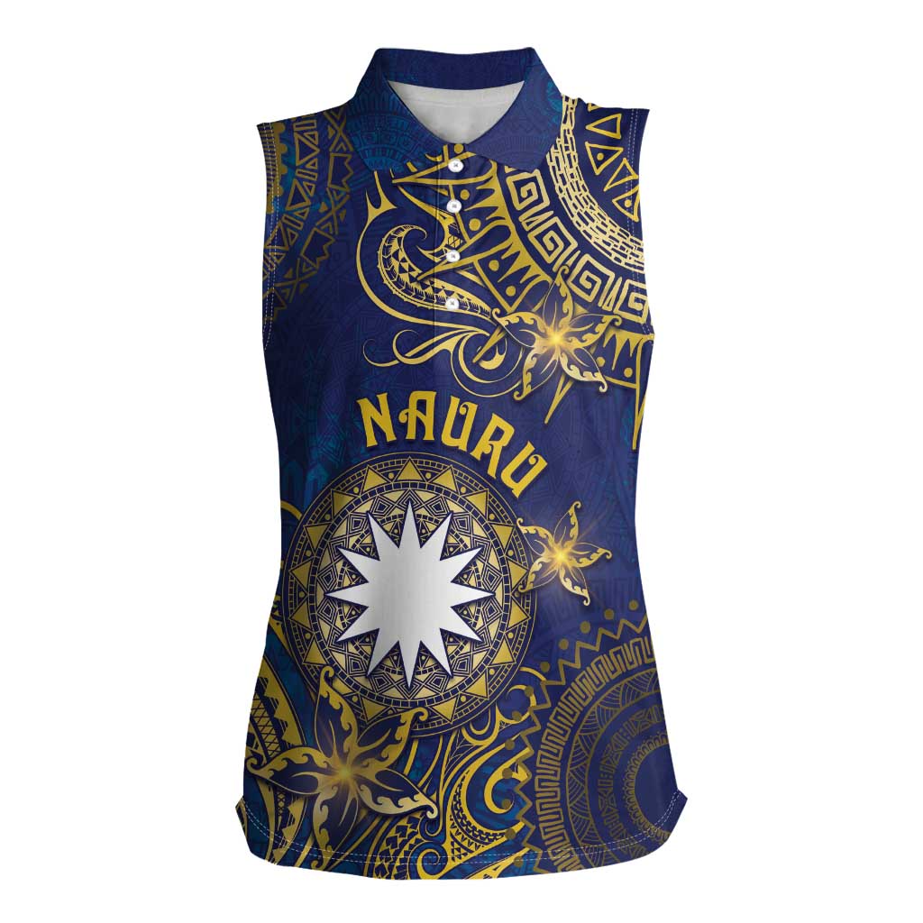 Personalised Nauru Women Sleeveless Polo Shirt Hibiscus Polynesian Tribal Pattern