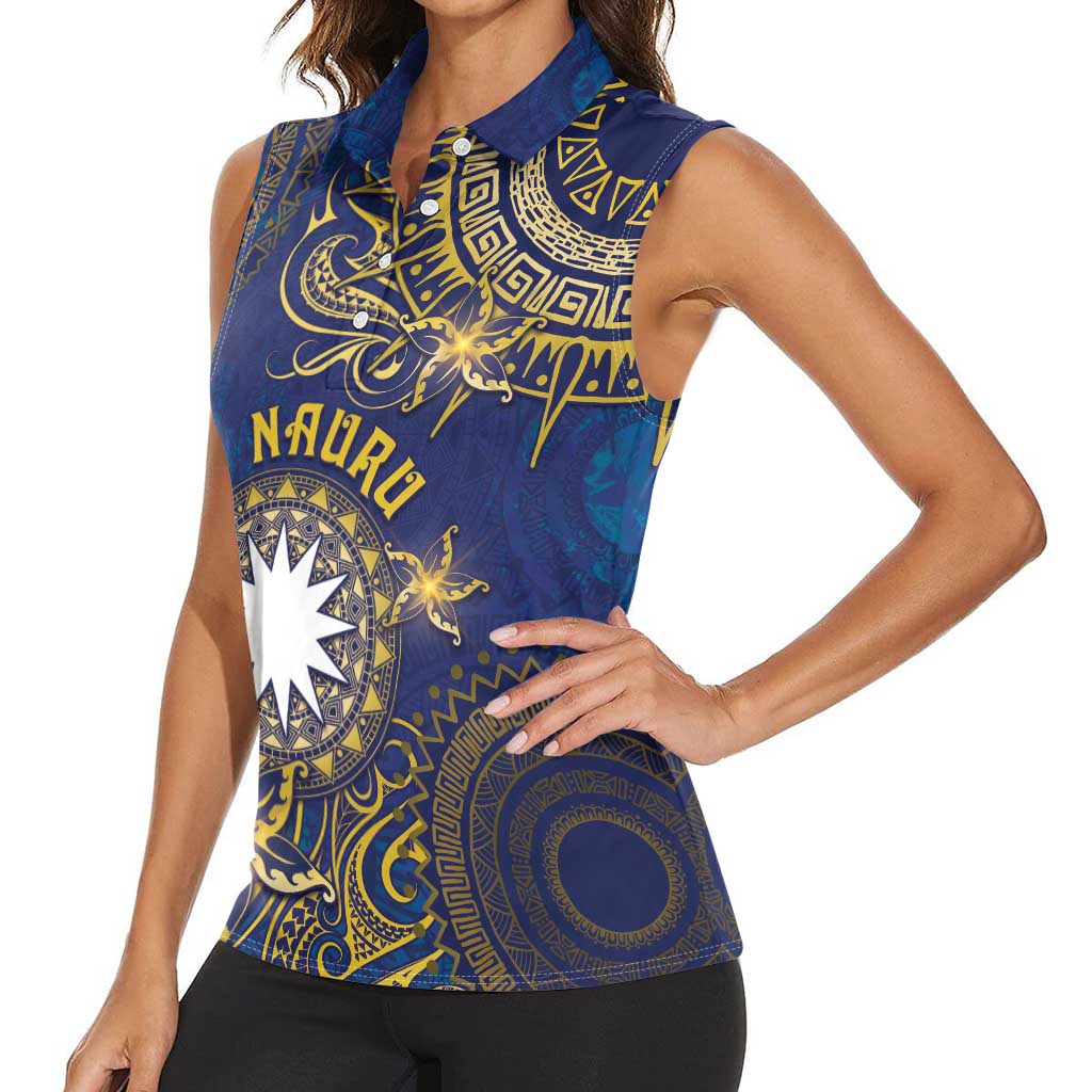 Personalised Nauru Women Sleeveless Polo Shirt Hibiscus Polynesian Tribal Pattern