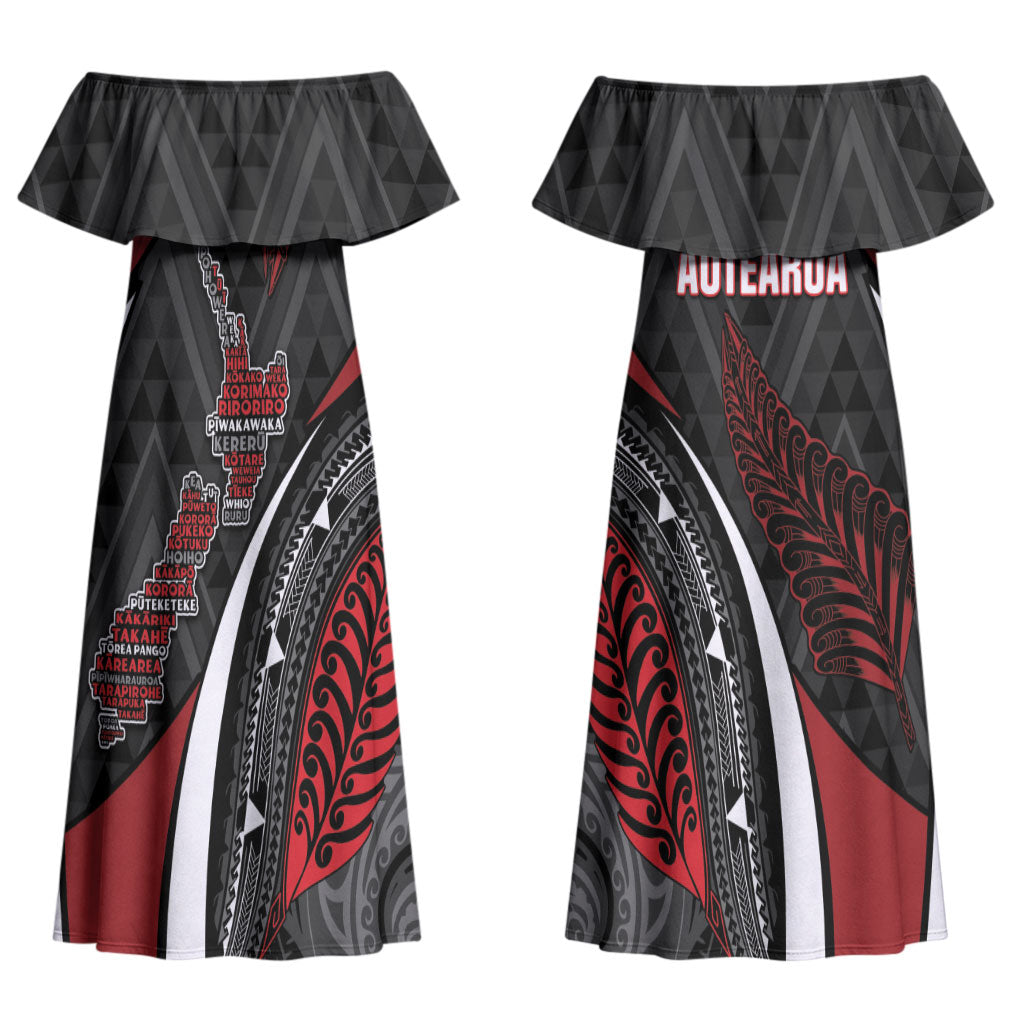 Aotearoa New Zealand Native Birds Map Couples Matching Off Shoulder Maxi Dress and Hawaiian Shirt Silver Fern Tribal Pattern