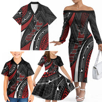 Aotearoa New Zealand Native Birds Map Family Matching Off The Shoulder Long Sleeve Dress and Hawaiian Shirt Silver Fern Tribal Pattern DT05 - Polynesian Pride