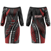 Aotearoa New Zealand Native Birds Map Family Matching Off The Shoulder Long Sleeve Dress and Hawaiian Shirt Silver Fern Tribal Pattern DT05 Mom's Dress Red - Polynesian Pride