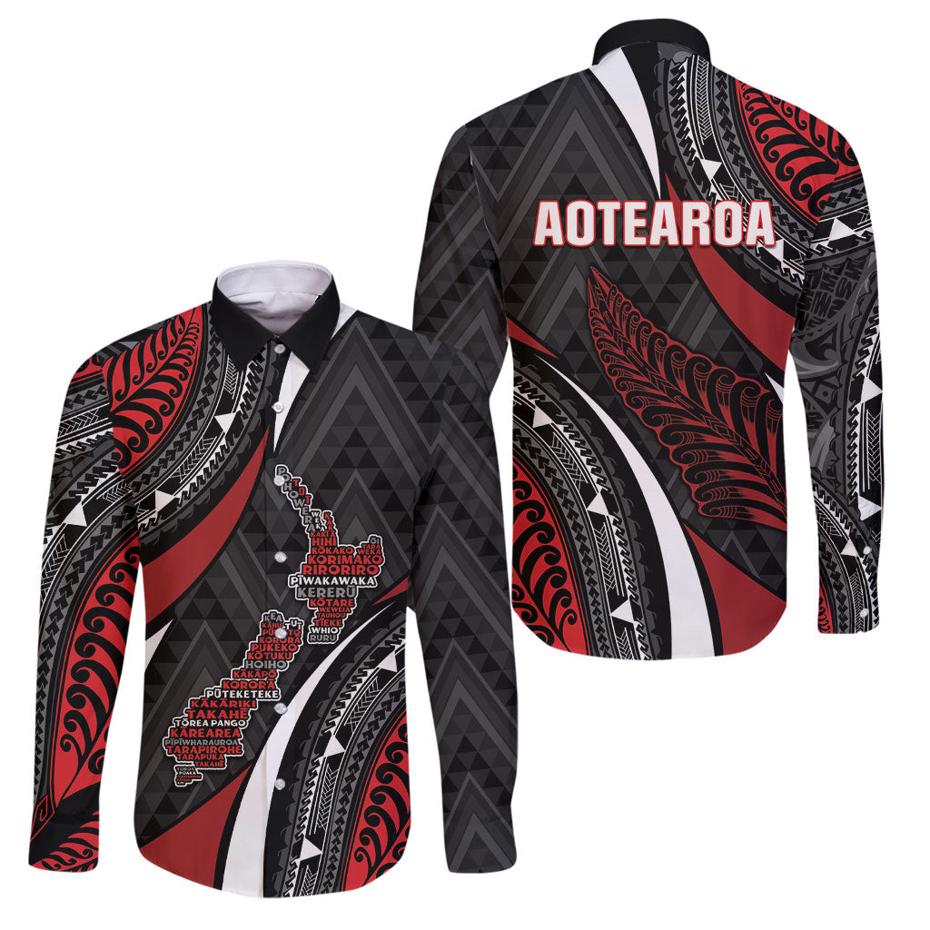 Aotearoa New Zealand Native Birds Map Family Matching Short Sleeve Bodycon Dress and Hawaiian Shirt Silver Fern Tribal Pattern DT05 Dad's Shirt - Long Sleeve Red - Polynesian Pride