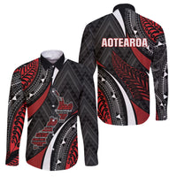 Aotearoa New Zealand Native Birds Map Family Matching Short Sleeve Bodycon Dress and Hawaiian Shirt Silver Fern Tribal Pattern DT05 Dad's Shirt - Long Sleeve Red - Polynesian Pride