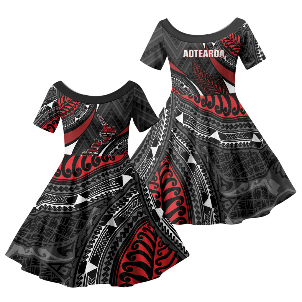 Aotearoa New Zealand Native Birds Map Family Matching Short Sleeve Bodycon Dress and Hawaiian Shirt Silver Fern Tribal Pattern DT05 Daughter's Dress Red - Polynesian Pride