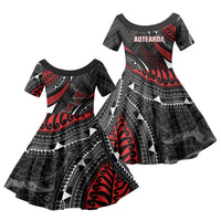 Aotearoa New Zealand Native Birds Map Family Matching Short Sleeve Bodycon Dress and Hawaiian Shirt Silver Fern Tribal Pattern DT05 Daughter's Dress Red - Polynesian Pride