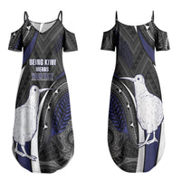 Personalised New Zealand Kiwi Couples Matching Summer Maxi Dress and Long Sleeve Button Shirt Silver Fern Tribal Pattern DT05 - Polynesian Pride