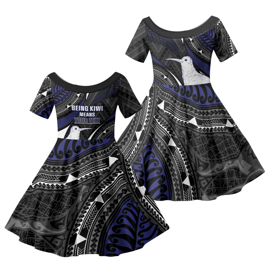 Personalised New Zealand Kiwi Family Matching Mermaid Dress and Hawaiian Shirt Silver Fern Tribal Pattern DT05 Daughter's Dress Navy - Polynesian Pride