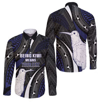 Personalised New Zealand Kiwi Family Matching Off The Shoulder Long Sleeve Dress and Hawaiian Shirt Silver Fern Tribal Pattern DT05 Dad's Shirt - Long Sleeve Navy - Polynesian Pride