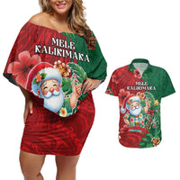 Hawaii Christmas Couples Matching Off Shoulder Short Dress and Hawaiian Shirt Mele Kalikimaka Funny Hawaiian Santa - Polynesian Pride
