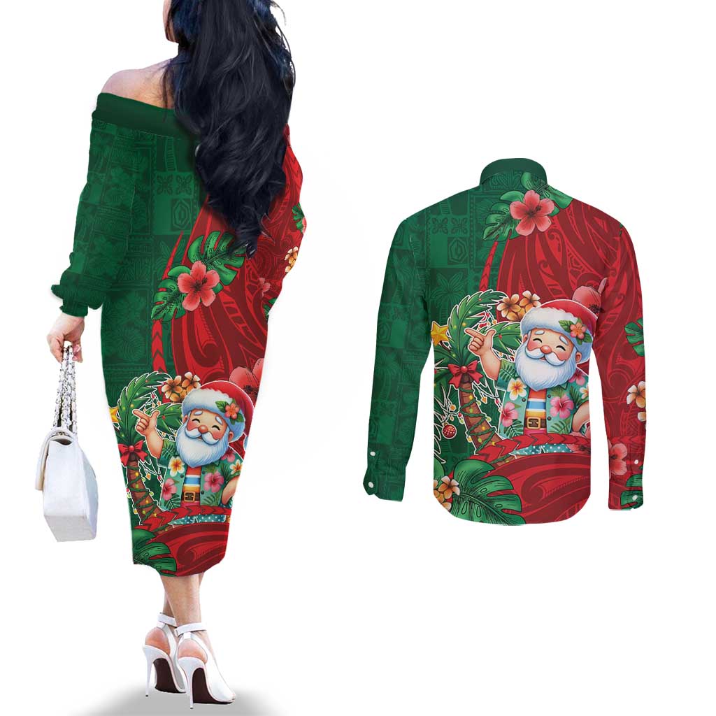 Hawaii Christmas Couples Matching Off The Shoulder Long Sleeve Dress and Long Sleeve Button Shirt Mele Kalikimaka Funny Hawaiian Santa - Polynesian Pride