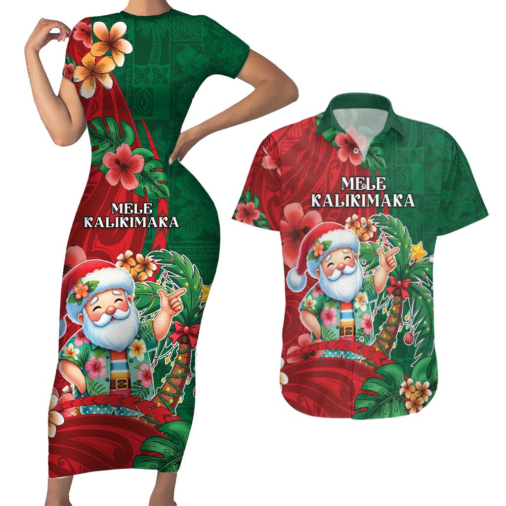 Hawaii Christmas Couples Matching Short Sleeve Bodycon Dress and Hawaiian Shirt Mele Kalikimaka Funny Hawaiian Santa - Polynesian Pride