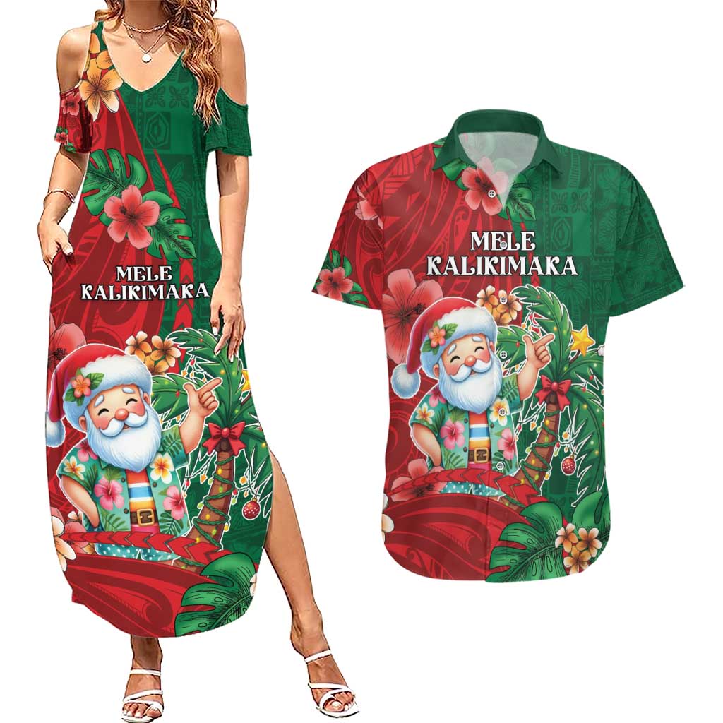 Hawaii Christmas Couples Matching Summer Maxi Dress and Hawaiian Shirt Mele Kalikimaka Funny Hawaiian Santa - Polynesian Pride