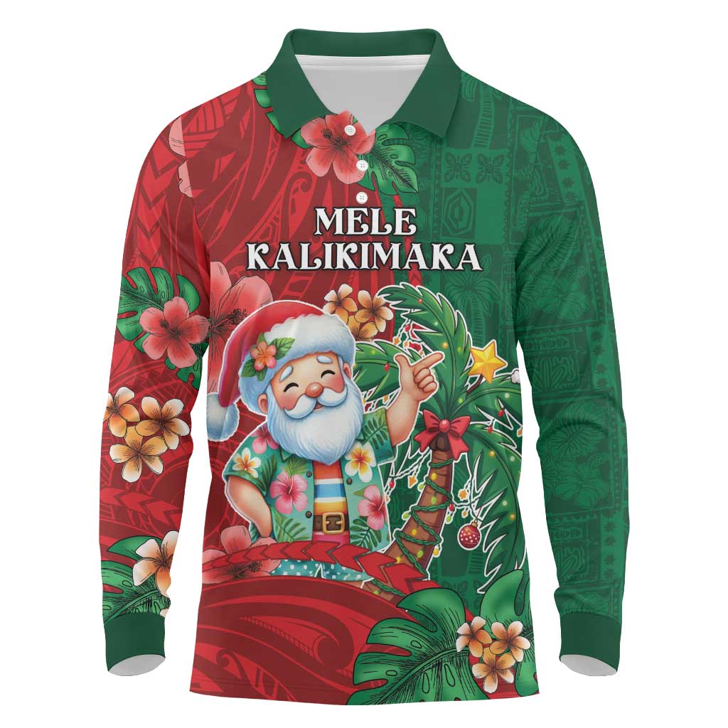Hawaii Christmas Long Sleeve Polo Shirt Mele Kalikimaka Funny Hawaiian Santa - Polynesian Pride