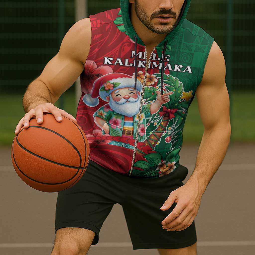 Hawaii Christmas Sleeveless Zip Hoodie Mele Kalikimaka Funny Hawaiian Santa - Polynesian Pride